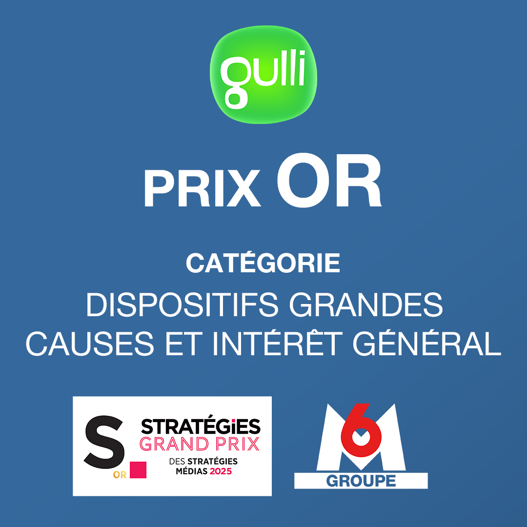 🏆 Le <a href="/M6Groupe/">Groupe M6</a> est heureux d'avoir vu sa chaîne <a href="/gulli/">Gulli</a> récompensée ce soir lors du Grand Prix des <a href="/Strategies/">Strategies</a> Médias 2025.

Gulli a reçu le prix OR dans la catégorie "Dispositifs grandes causes et intérêt général" pour sa campagne "Gulli, avec les enfants, contre le