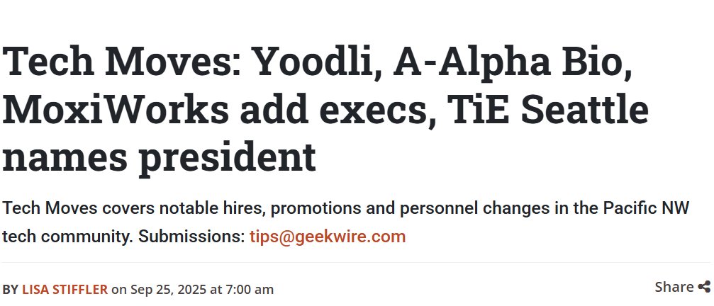 👉 New leadership, new momentum: GeekWire reports that TiE Seattle has chosen Sonu Aggarwal as its next President. Also in the spotlight: top executive additions at Yoodli, A-Alpha Bio, and MoxiWorks.

Read the full story: Tech Moves GeekWire

🔗 geekwire.com/2025/tech-move…