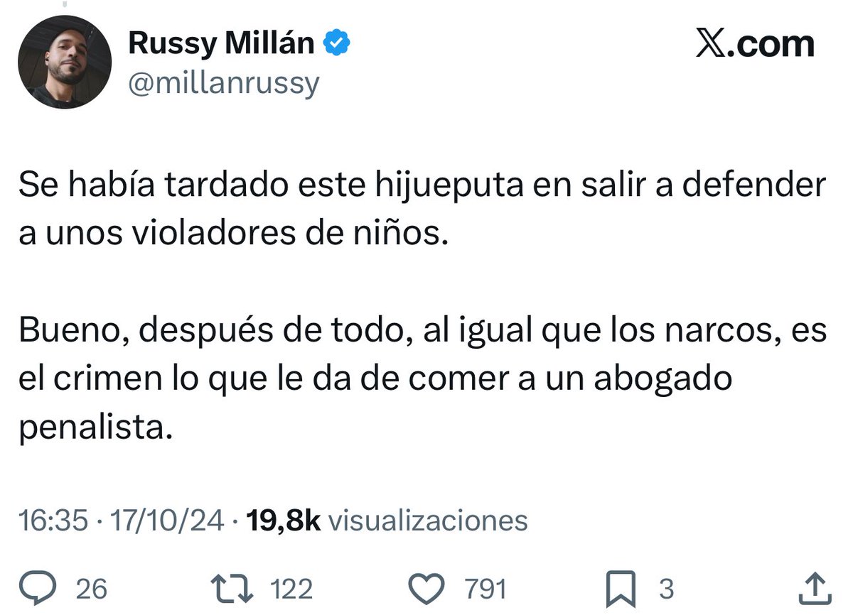 Que lo defienda un civilista.

Es que a los hijueputas penalistas, al igual que a los narcos, el crimen es lo que nos da de comer y él es inocente.