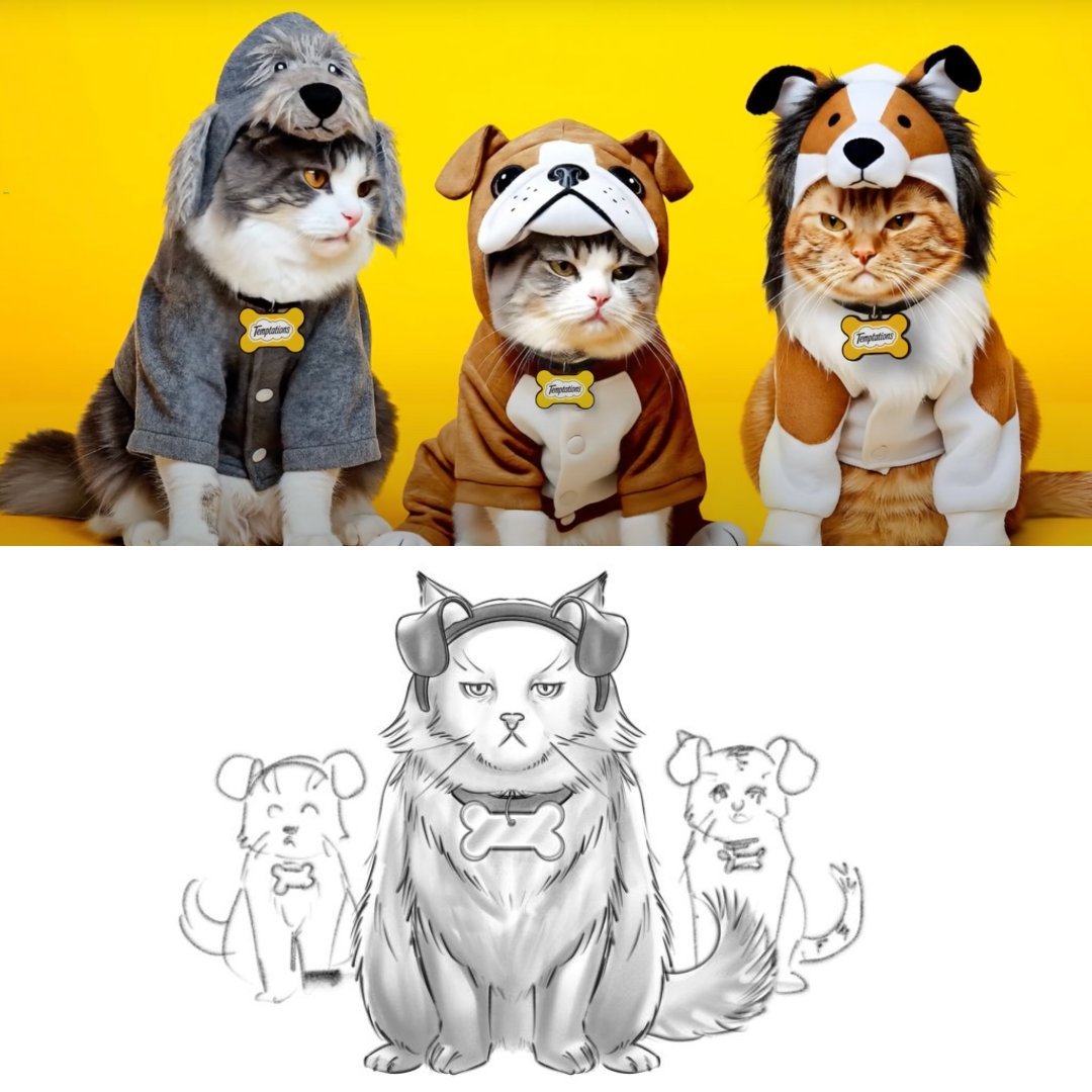 FamousFrames's tweet image. The cats have a plan to get more treats in this Temptations spot, with boards by Famous Frames artist Lee Milby. It’s always interesting to see what changes and what stays the same as we go from the boards to the final video!