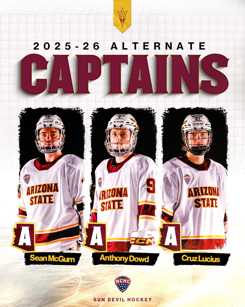 SunDevilHockey's tweet photo. Three skaters added to the 2025-26 leadership group 🔱 #BeTheTradition 

Read: https://t.co/rV496HRemY https://t.co/HRIm9e99P4