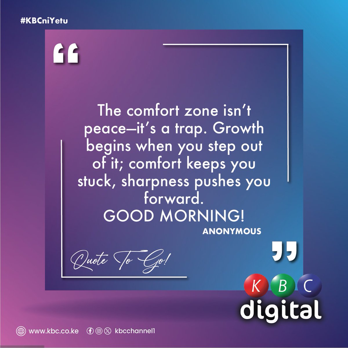 The comfort zone isn't peace—it's a trap. Growth begins when you step out  of it; comfort keeps you stuck, sharpness pushes you forward. GOOD MORNING!  ~Anonymous #MorningMotivation ^PM, image size:1200x1200