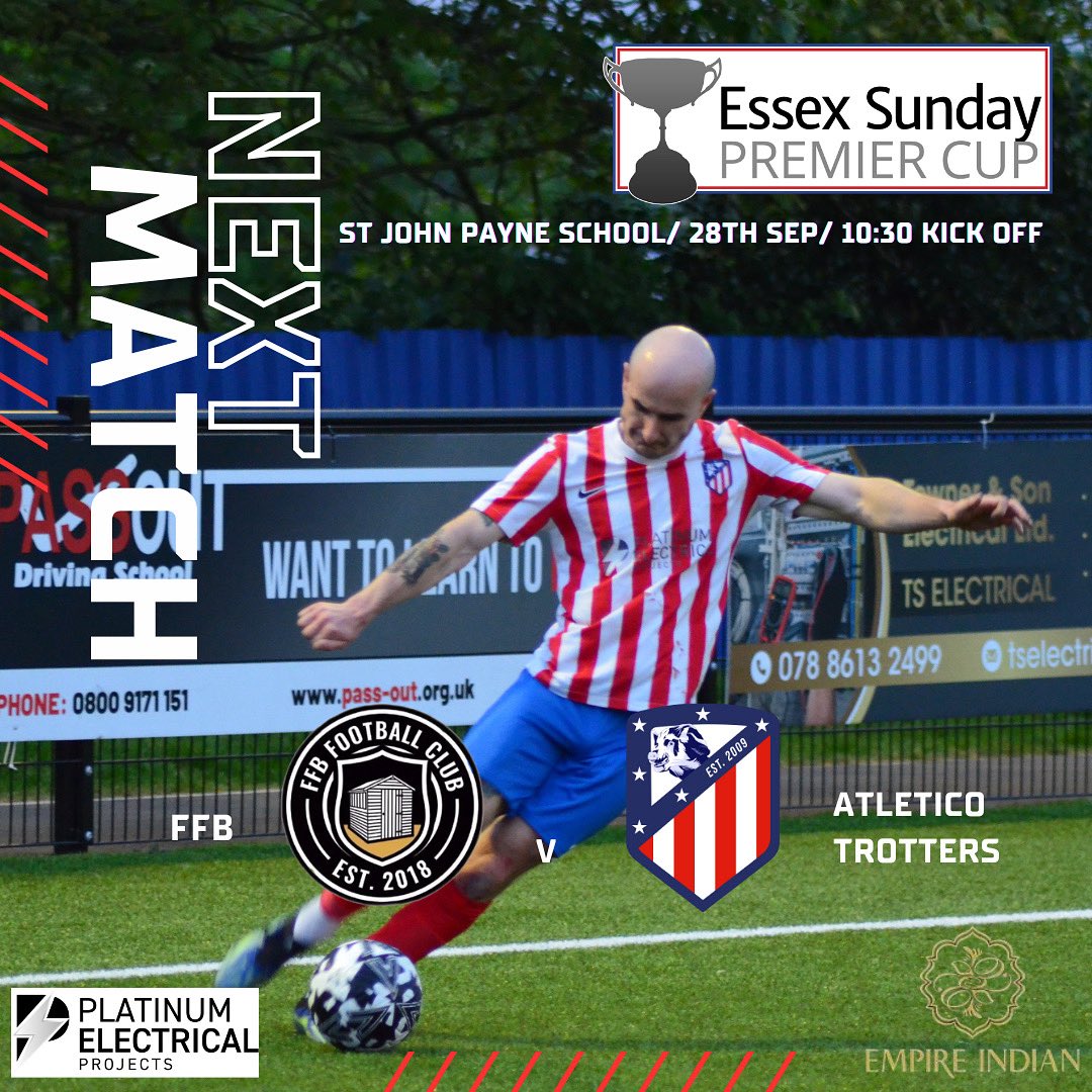 Big game this Sunday as we take on <a href="/ffb_fc/">FFB FC</a> in the @essexcountyfa Essex Sunday Premier Cup! Be nice to get some away support along to back the lads! #trotters #essexcup