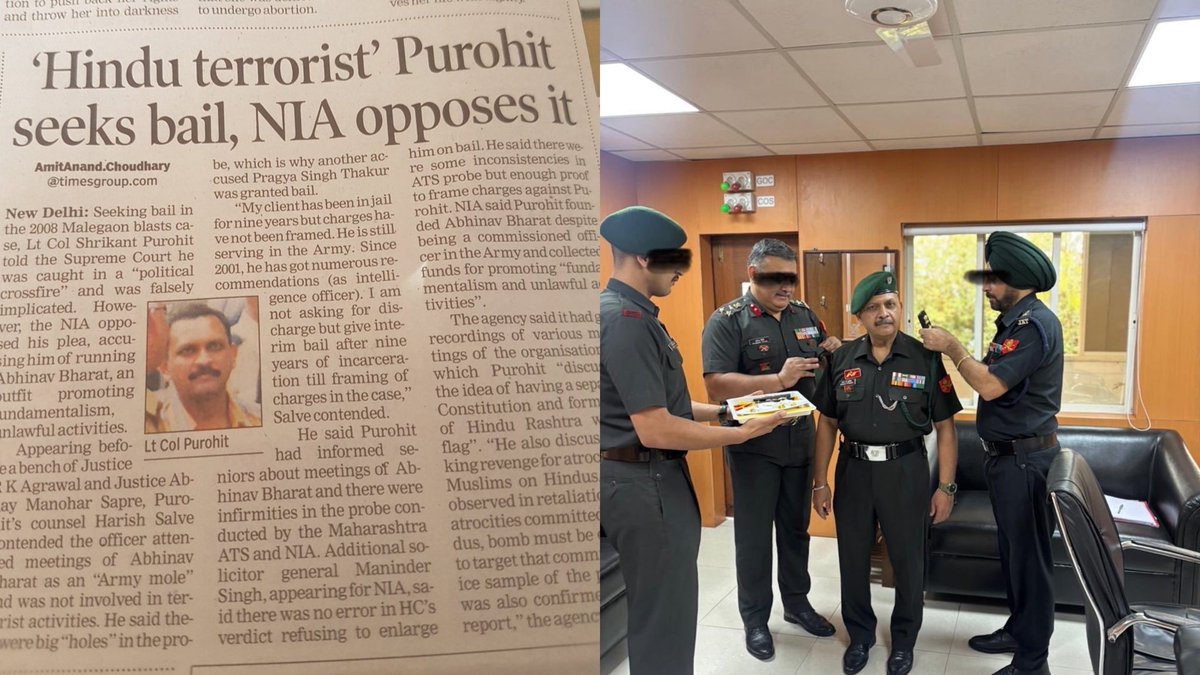 AskAnshul's tweet image. Lt. Colonel Purohit:

- Falsely implicated in the Malegaon blast in 2008.
- Spent 9 years in jail.
- Brutally tortured.
- Branded by media as a Hindu terrorist.

He fought for justice for 17 years, and after being acquitted, he said &quot;I am a soldier who loves this country…
