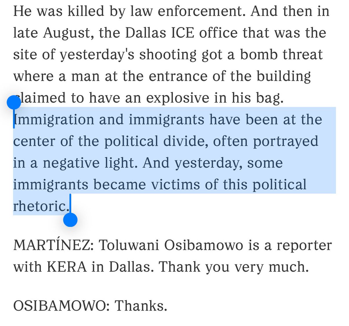 this is how NPR is characterizing a shooting at an ICE facility in which the terrorist responsible wrote “ANTI-ICE” on one of the casings