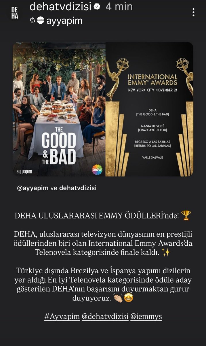Happy for #Deha for this nomination for the International Emmy Awards in the Telenovela category.

#ArasBulutİynemli