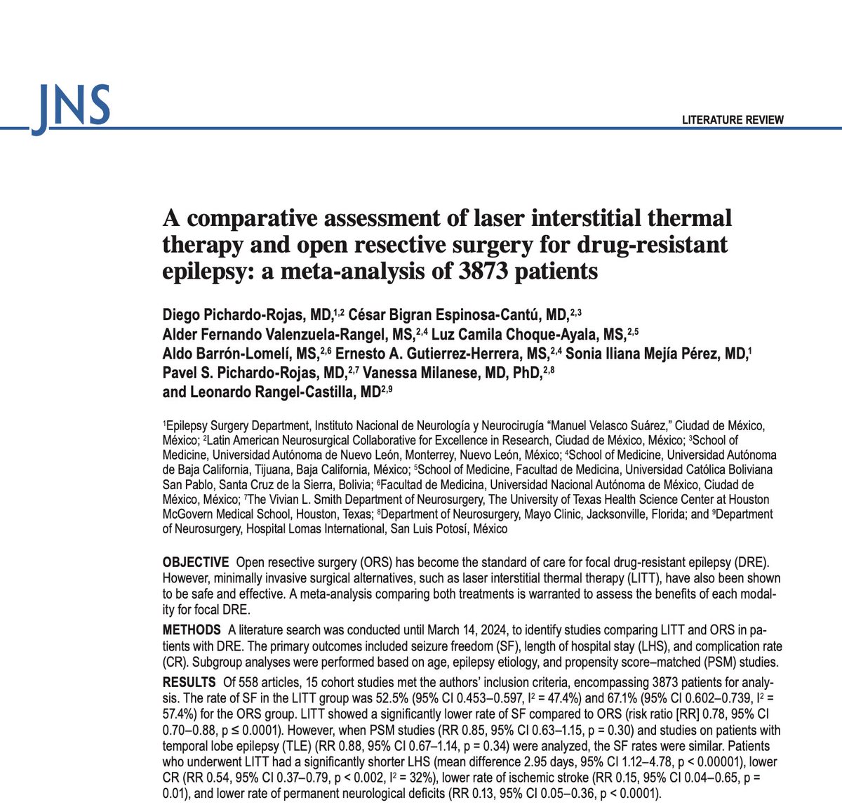 Specially grateful for our senior authors for their mentorship! Dr <a href="/van_mila/">Dra Vanessa Milanese MD PhD</a>, Dr Leonardo Rangel, Dr Sonia Mejia, and Dr <a href="/PavelPichardoMD/">Pavel Pichardo-Rojas MD, MSc.</a> 

thejns.org/view/journals/…