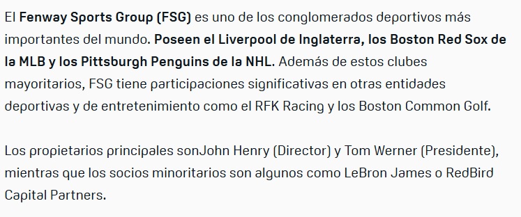 Queda genial e impacta decir que el dueño del Liverpool va a comprar el Getafe cuando para nada seriamos un "filial" del Liverpool.

Es un fondo de inversión serio. El tercer imperio deportivo más grande del mundo. Valor de 12.950 millones de dólares en 2024