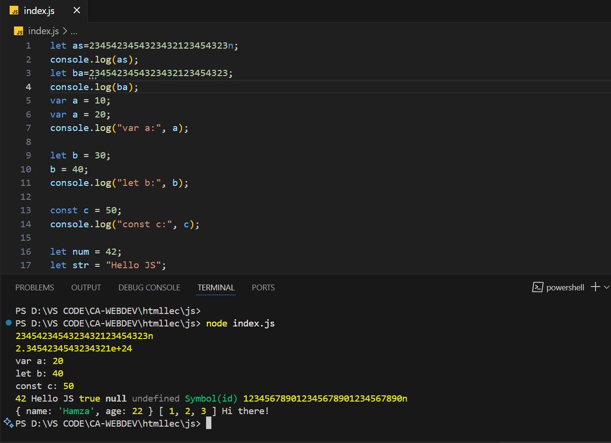 mhamza_mha's tweet image. #Day17 of my #webdeveloper journey @rohit_negi9
I explored Variables &amp; Data Types
💯 Learned how var, let, and const differ
✨ Explored the primitive types &amp; non-primitive (reference) types like Objects, Arrays, and Functions
#WebDev #JavaScript #CodingJourney #100DaysOfCode