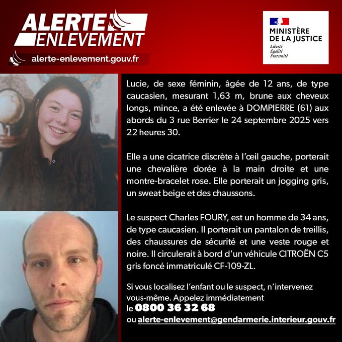 forzanimes1203's tweet photo. Une alerte enlèvement avait été déclenchée ce jeudi après l'enlèvement à #Dompierre (Orne) de Lucie Fontaine,12a,vers 22h30 la veille
La diffusion de l'alerte a permis de localiser le suspect ainsi que la jeune mineure.Le mis en cause a été interpellé
➡️https://t.co/OIS7Cgvw80 https://t.co/8B5mXRjOIA