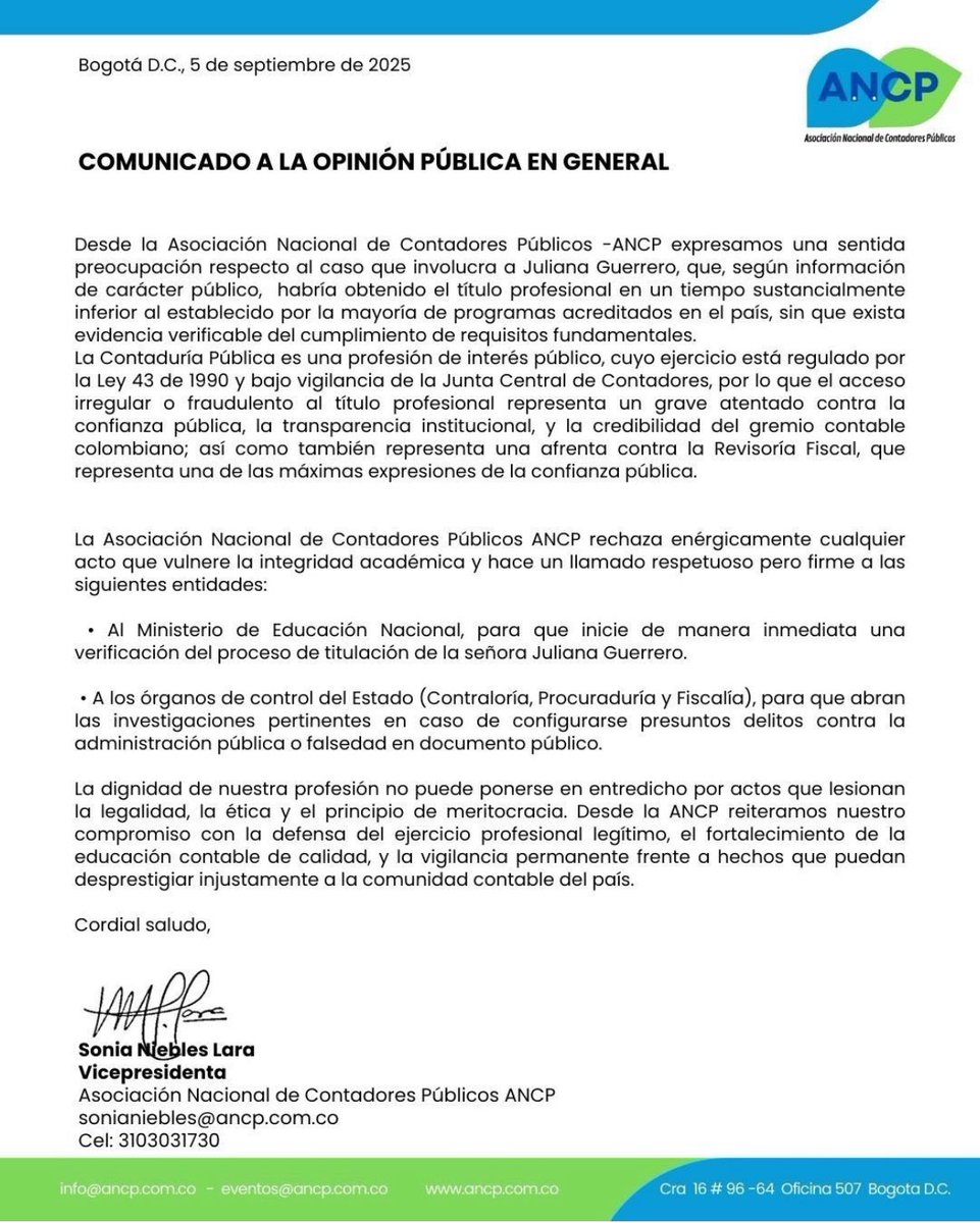 <a href="/ancpcol/">Asociación Nacional de Contadores Públicos</a> <a href="/JenniferPedraz/">Jennifer Pedraza Sandoval</a> <a href="/lcolmenaresr/">✏️LUIS COLMENARES R.</a> Fuimos escuchados! Por una contaduría pública, ética y transparente. Integra. Ésta es una profesión, muy técnica como para obtener el título con atajos o irregularidades. Juliana, es por tu bien. Créeme!!