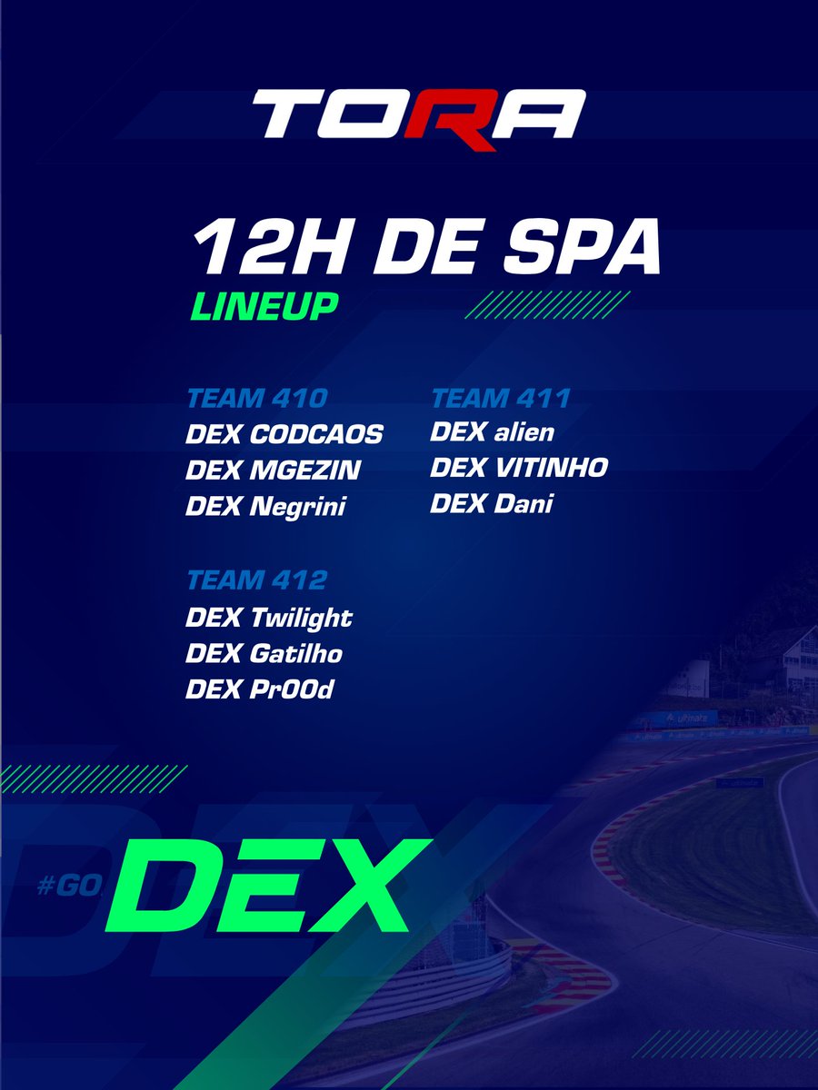 Lineup para as 12H de Spa! 🇧🇪

Por enquanto os 3 carros na corrida principal! 🇧🇷

410 largando de P4
411 largando de P15
412 largando de P17

Temos um encontro marcado neste sabado, acompanhe tudo na stream oficial <a href="/TheReal_TORA/">TORA</a>  e nas streams dos pilotos!
#GoDEX