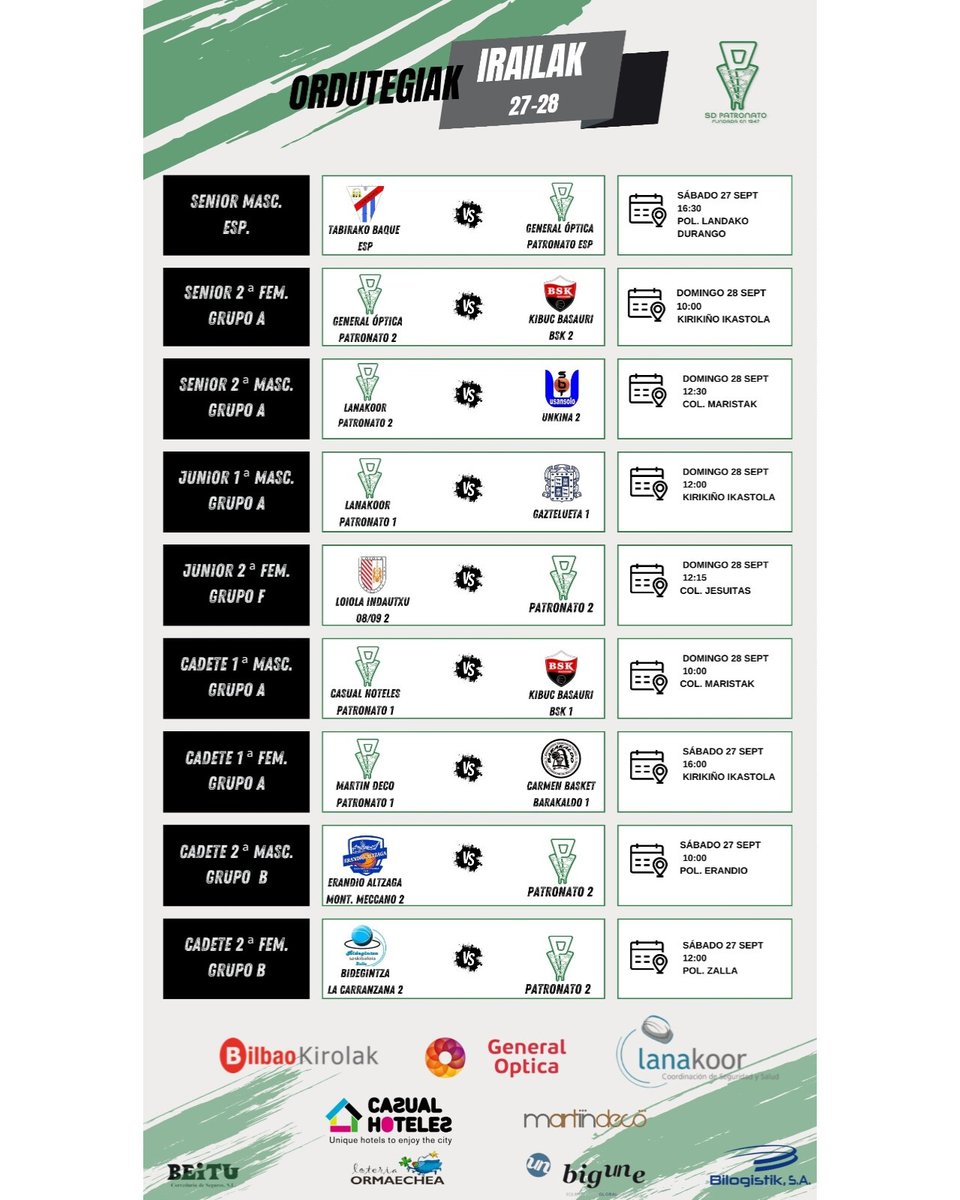 Gure seniorrek lehiaketak hasiko dituzte, eta asteburu honetan gure talde guztiak martxan izango dira jada. Zorte on guztioi!!💚🖤🤍🏀