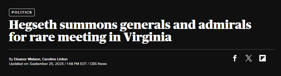CynicalPublius's tweet image. RE: Hegseth&apos;s Senior Flag Officer Meeting

Many people have been asking me what I think this meeting is all about that SecWar just called with his senior generals and admirals in Quantico, Virginia.  The meeting is currently shrouded in mystery.

So what do I think?

First of…