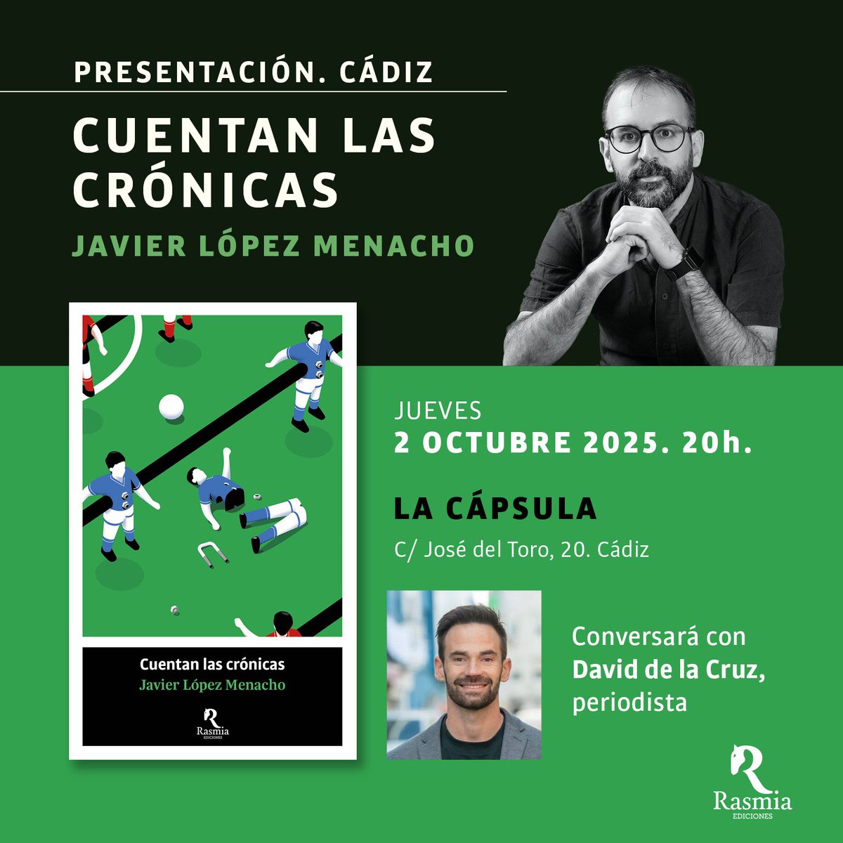 El próximo jueves tendremos al gran <a href="/LopezMenacho/">Javier López 🇯🇴</a> en La Cápsula presentando 'Cuentan las crónicas', un libro contra las apuestas deportivas y a favor del fútbol modesto. Lo acompañará el genial <a href="/ddelacruz7/">David de la Cruz 🇵🇸</a>.

¡Os esperamos!⚽📚