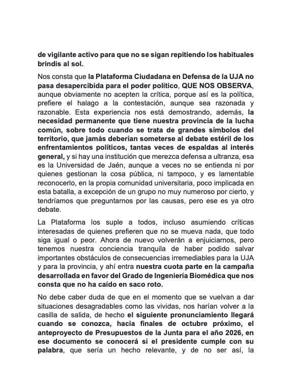 PCDefensaUJA's tweet photo. ✨🚨 COMUNICADO URGENTE DE LA PLATAFORMA CIUDADANA EN DEFENSA DE LA UJA 🚨✨

✨⚠️La Plataforma ha decidido APLAZAR la movilización del 8 de octubre. 

✨⚠️QUE NADIE LO OLVIDE: OS ESTAMOS OBSERVANDO DE CERCA‼️🔥✨

✨🔥‼️LA UJA NO SE TOCA‼️🔥✨

#UJANoSeToca #OsEstamosObservando https://t.co/6wJc0YXUji