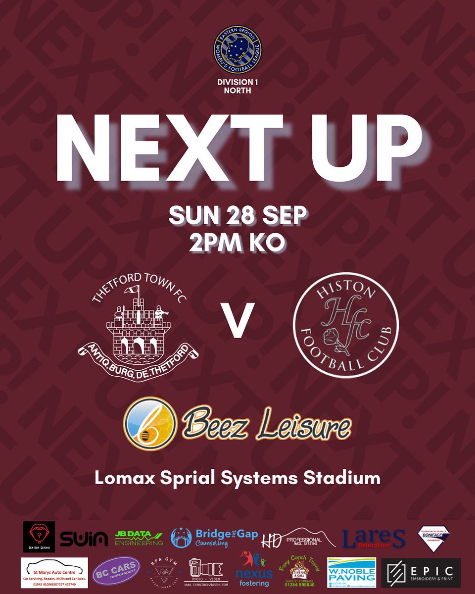 ❗️Next Fixture❗️

We host Histon this Sunday at the Lomax Spiral Systems Stadium

🗓️ 28 Sept | ⏰ 2pm KO
🎟️ Adults £4 / U16 £2
🍺 Bar open | 🚗 Park at Healthy Living Centre (IP24 1JD)
⏱️ Gates open 12:45