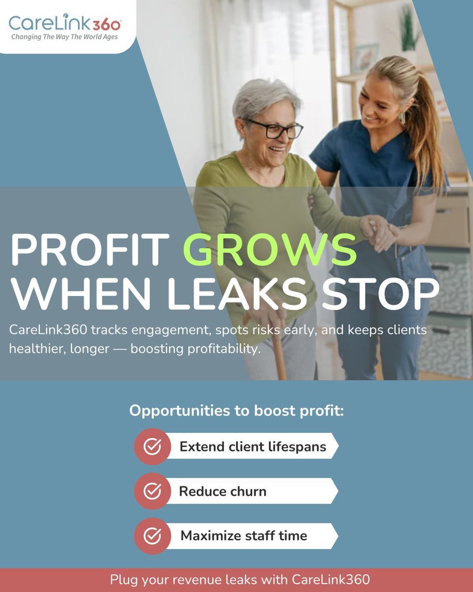 Carelink360HCS's tweet image. Silent revenue leaks = shorter client lifespans, churn &amp;amp; wasted staff time. 🚫
💡 CareLink360 helps agencies track + intervene early—cutting costs &amp;amp; keeping clients healthier, longer.

#HomeCareInnovation #ClientOutcomes