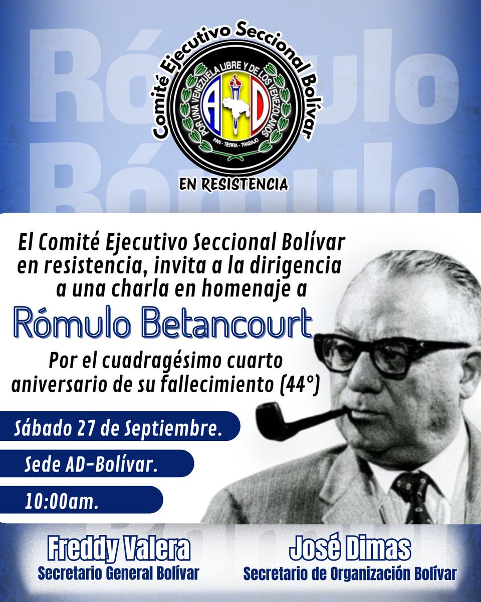 Desde el comité ejecutivo seccional Bolívar, hacemos una invitación a toda nuestra dirigencia acción democratista en resistencia a una charla en homenaje al padre de la democracia Rómulo Betancourt

Nos vemos en nuestra sede principal en Ciudad Bolívar.
🕝 10:00am.
📅 27 de Sept.