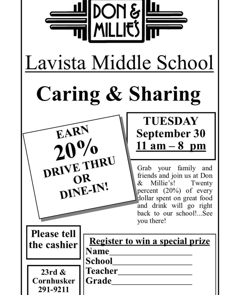 Ready for a night off from cooking? Don &amp; Millie's is the place to be on Tuesday, September 30th! Enjoy a meal while also supporting LVMS!