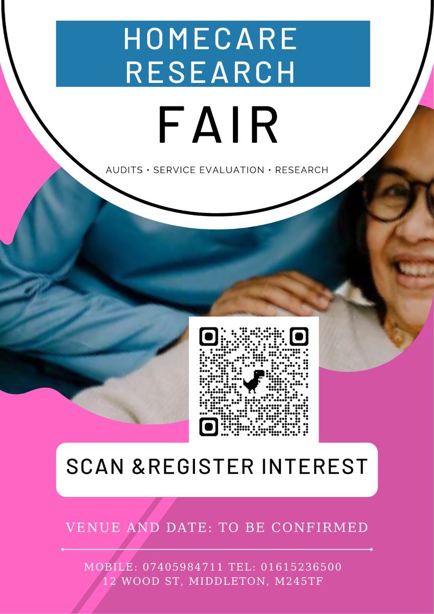 Homecare Research Fair: 

An opportunity for homecare providers and carers to: 

Share audits, exchange experiences and get inspired by peers and experts

Venue &amp; Date: To be confirmed. 
Register Interest: Scan QR code or contact 07405984711 / 01615236500.

 #HomecareResearch