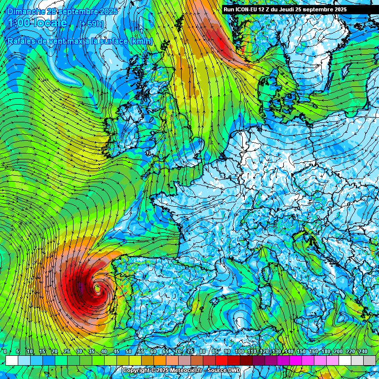 Stormyalert's tweet image. El modelo ICON ve posible que Gabrielle pueda llegar con ciertas características subtropicales, pero igualmente de ocurrir sería muy débil.
Aún así puede provocar un aumento de la inestabilidad en zonas costeras de Portugal y posteriormente en el suroeste peninsular (aquí aún más…