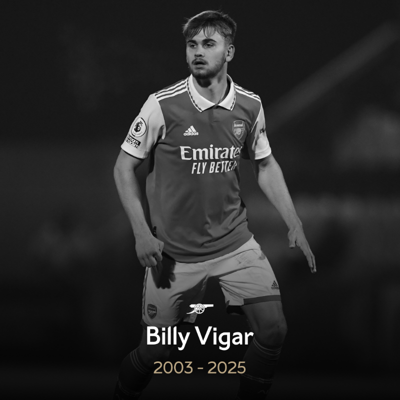 Arsenal's tweet photo. Everyone at Arsenal is devastated by the shocking news that former academy graduate Billy Vigar has passed away.

All our thoughts are with his family and loved ones at this time. 

Rest in peace, Billy ❤️