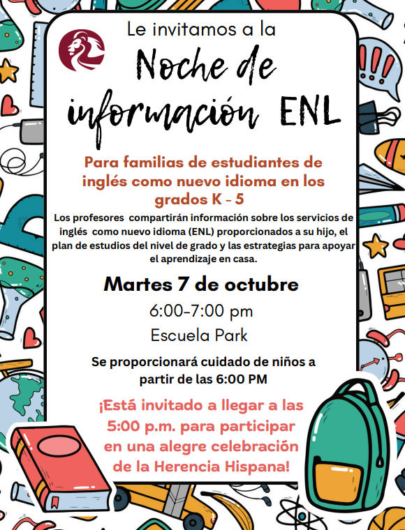 📣 Families of English Learners in grades K–5 are invited to our ENL Information Night!

📅 Tuesday, October 7th
🕕 6 – 7 PM
📍 Park School

Learn about ENL services, grade-level curriculum &amp; strategies to support learning.  Child care will be provided.
#opride