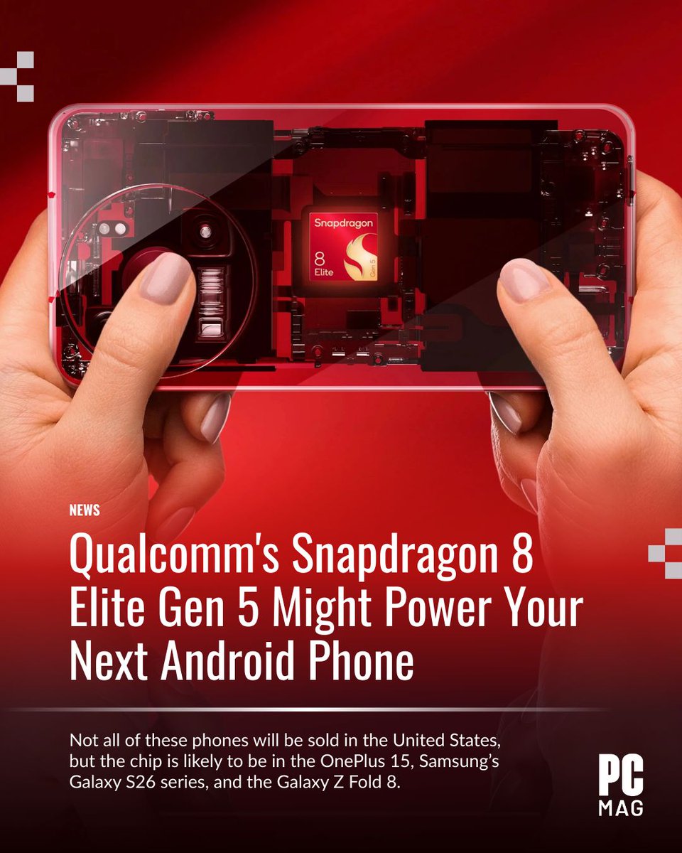 PCMag's tweet image. Qualcomm’s Snapdragon 8 Elite Gen 5 is here – its fastest mobile CPU yet. 🚀 

20% faster, 35% more efficient, and set to power 2025–26 flagships like the Galaxy S26 &amp;amp; OnePlus 15. 

#Snapdragon8EliteGen5 #Qualcomm #AndroidPhones

Full details 👉 bit.ly/4njhh5z