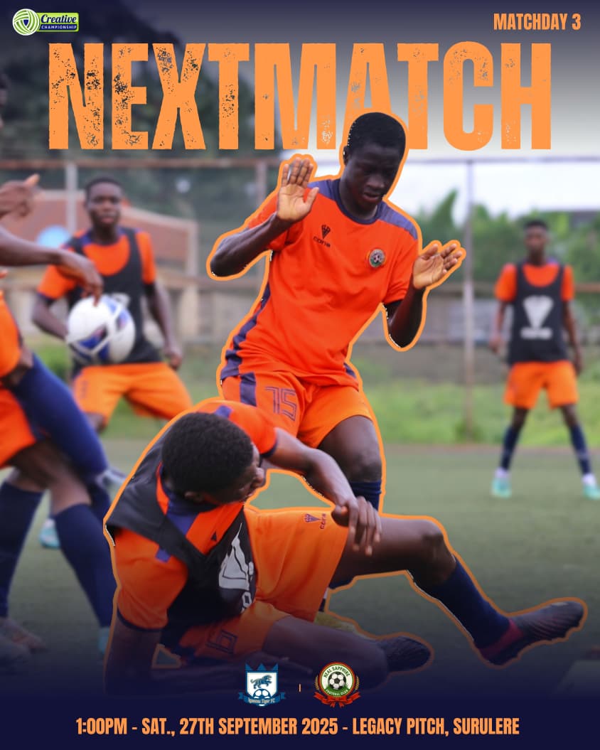 NEXT MATCH ⚠️

TCCLeague26 | MD3
Iganmu Tiger FC 🆚 Real Sapphire FC

📍 Sat, 27 Sept. 2025 | 1:00PM
🏟️ Legacy Pitch, Surulere

#TCCLeague26 #MatchDay3 #IGARES #FootballGladiators #RealSapphireFC