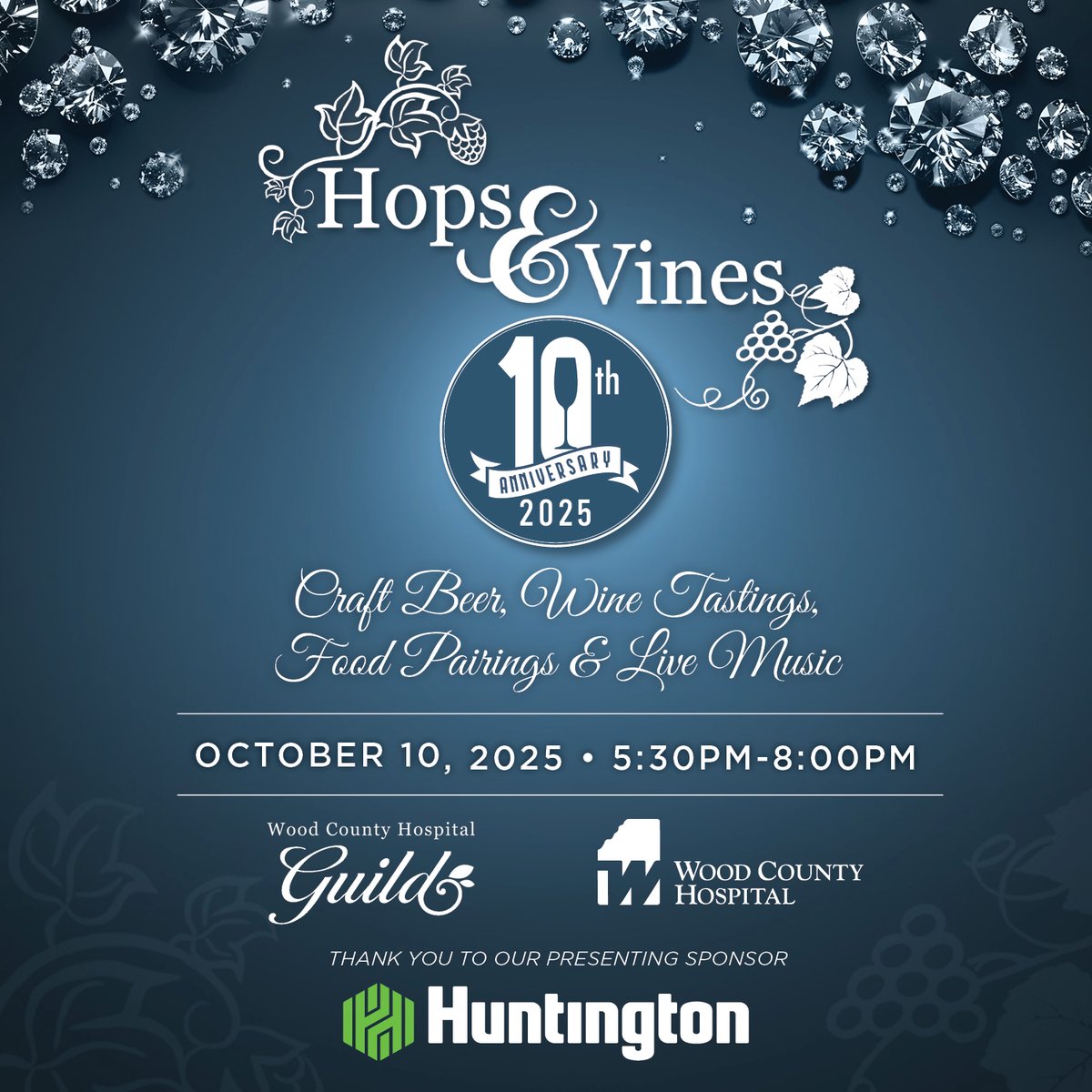Celebrate 10 years of 𝗛𝗼𝗽𝘀 &amp; 𝗩𝗶𝗻𝗲𝘀 on 𝗙𝗿𝗶, 𝗢𝗰𝘁 𝟭𝟬, 𝟱:𝟯𝟬-𝟴 𝗣𝗠! Enjoy live music, wine, craft beer &amp; food pairings—all while supporting WCH Surgery Department &amp; ER/EMS. 🍷🍺🎶

RSVP or sponsor today: woodcountyhospital.org/our-foundation…