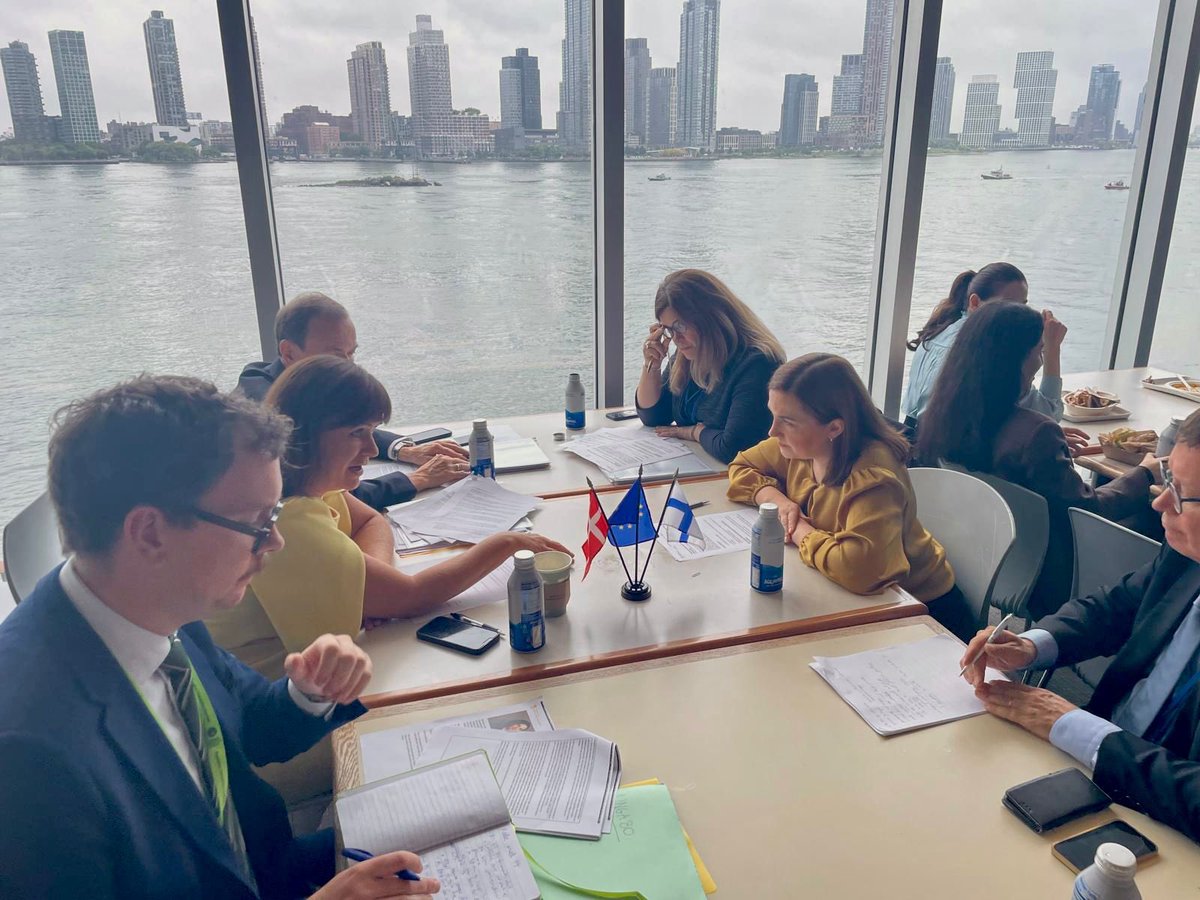 Denmark_UN's tweet photo. Thank you, Finland 🇫🇮, for a productive bilateral this afternoon between @sophieloehde and Minister of Social Security @sannigrahn, discussing shared priorities in the Nordic cooperation — including joint procurement of antibiotics. #UNGA80 https://t.co/c5l16y9n5F