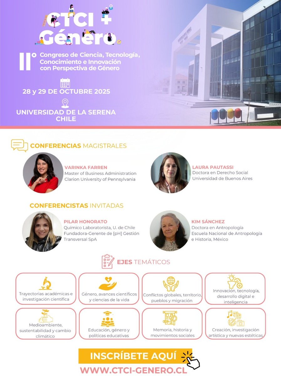 InES Género - CTGénero (@genero_vrid) on Twitter photo 📢 ¡Participa como asistente del Segundo Congreso Nacional de Ciencia, Tecnología, Conocimiento e Innovación con Perspectiva de Género! ♀️
📍 28 y 29 de octubre de 2025 en <a href="/userena/">U. de La Serena</a> 🏛️
INSCRIPCIONES DISPONIBLES ➡️ ctci-genero.cl 📢 ¡Participa como asistente del Segundo Congreso Nacional de Ciencia, Tecnología, Conocimiento e Innovación con Perspectiva de Género! ♀️
📍 28 y 29 de octubre de 2025 en <a href="/userena/">U. de La Serena</a> 🏛️
INSCRIPCIONES DISPONIBLES ➡️ ctci-genero.cl