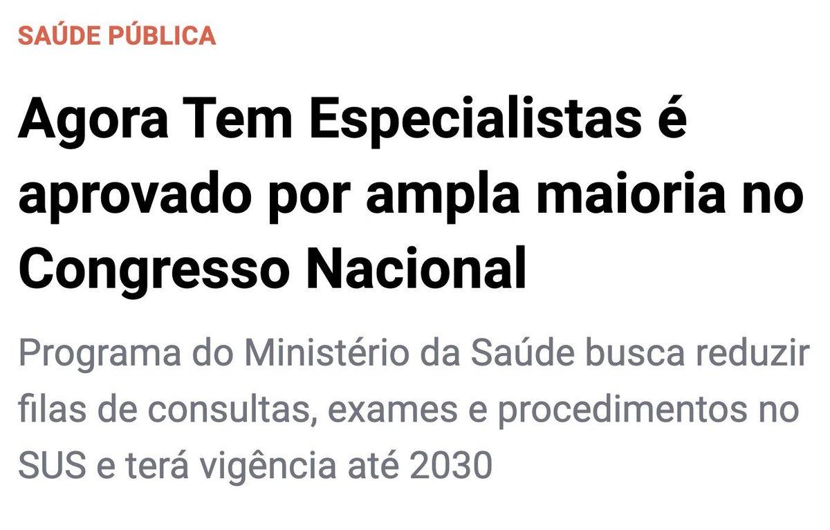 O Congresso Nacional aprovou ontem (24) a Medida Provisória que criou o programa Agora Tem Especialistas, uma importante iniciativa de nosso governo para reduzir o tempo de espera por consultas, exames e cirurgias. Junto ao Mais Médicos, Farmácia Popular, Brasil Sorridente e
