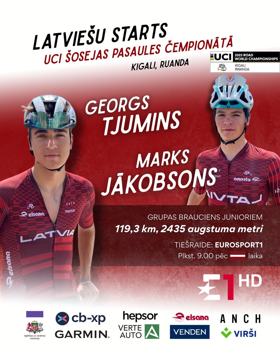 Ritenbrauksana's tweet photo. 🇱🇻 Piektdien plkst. 09:00 (LV laiks) mūsu juniori Georgs Tjumins un Marks Jākobsons startēs  Pasaules čempionātā grupas braucienā!
🔹 119,3 km | 8 apļi | 2435 m kāpums
🔹 142 sportisti no 71 valsts
🔹 Tiešraide: Eurosport1 | 

Teksta tiešraide: https://t.co/1Xnxkd9jh7 https://t.co/CvkwybcbhG