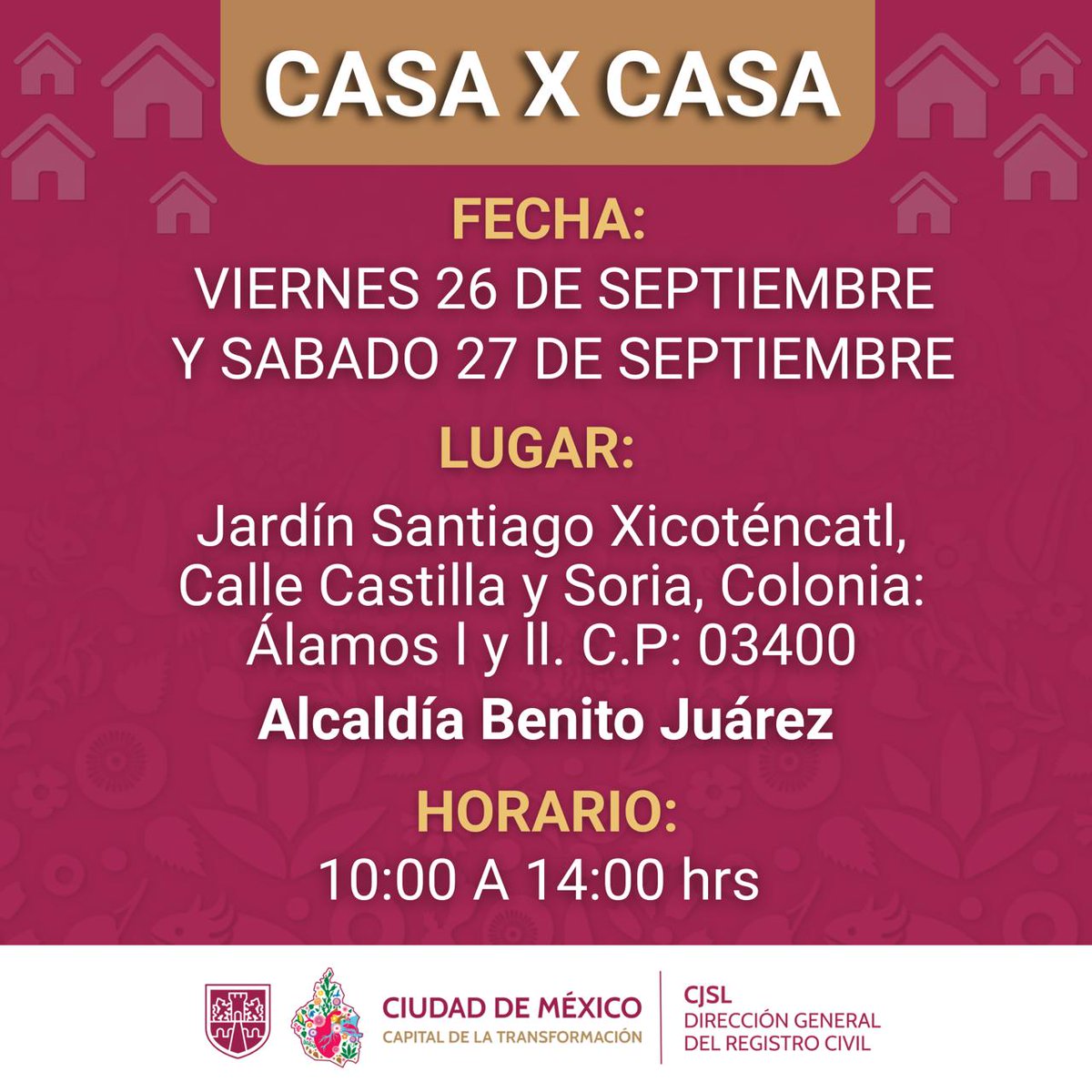 DGRCivilCDMX's tweet photo. En el módulo de la Dirección General del Registro Civil podrás obtener, sin costo, una copia certificada de registro de nacimiento, matrimonio o defunción.
✅Presenta tu CURP
✅Estar dado de alta en SIDEA
✅Se otorga una copia certificada por persona
#CasaXCasa #DGRC https://t.co/RUEPrKuDmK