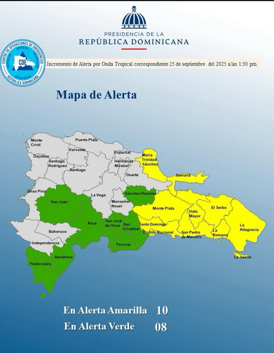 El <a href="/COE_RD/">COE</a> ha declarado alerta amarilla en varias provincias del país, incluido el Distrito Nacional, debido a las lluvias.

Exhortamos a la ciudadanía a seguir las recomendaciones del COE y la Defensa Civil, mantenerse informados y evitar zonas vulnerables.

La prevención y la