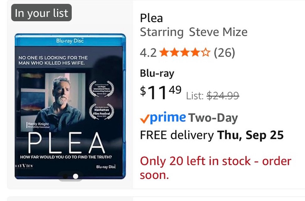 Lowest price ever on Amazon!

Featuring:
4 members of <a href="/theactorsstudio/">The Actors Studio</a>
<a href="/AnneMarieHoward/">Anne Howard</a>
<a href="/LangenkampH/">Heather Langenkamp</a>
<a href="/JasmineAnthony/">Jasmine Jessica</a>

<a href="/BayViewEnt1/">BayView Entertainment</a> 
#pleafilm
#SupportIndieFilm