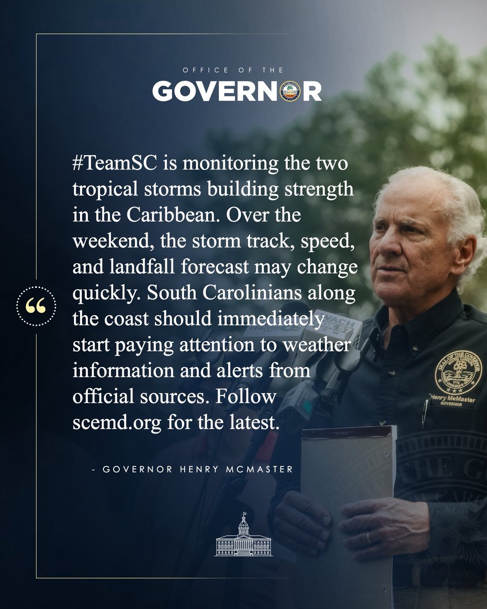 #TeamSC is monitoring the two tropical storms building strength in the Caribbean. Over the weekend, the storm track, speed, and landfall forecast may change quickly. South Carolinians along the coast should immediately start paying attention to weather information and alerts from