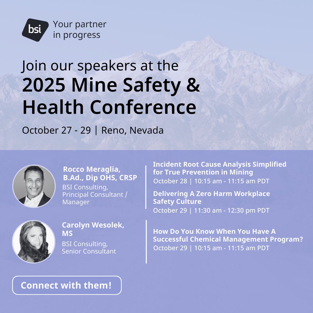 Join BSI Consulting at the Mine Safety &amp; Health Conference from October 27 - 29, 2025 in Reno, NV! Learn more about the event: bit.ly/3Kjt6tZ. 

#BSIUSA #Mining #HealthandSafety #EHS