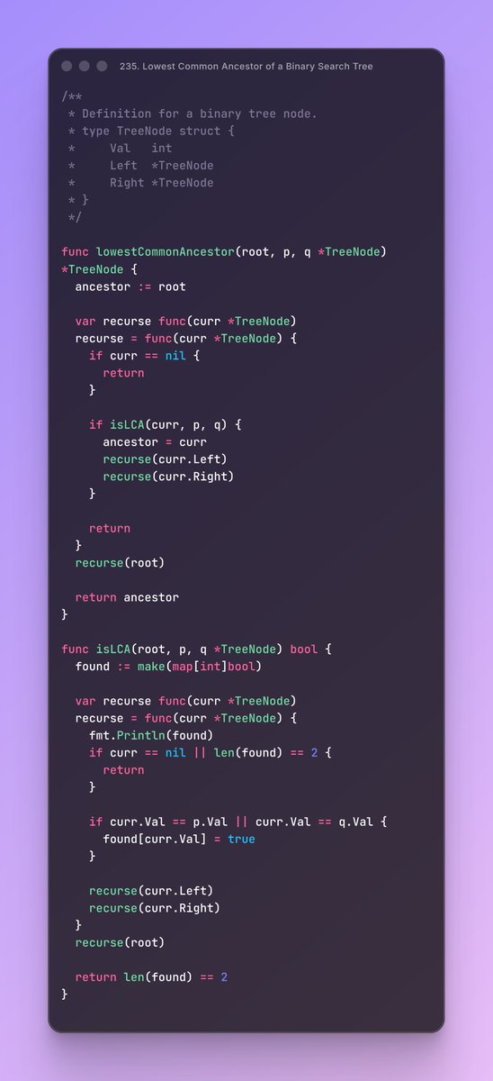 raphael_tannous's tweet image. Today, I solved recursively the challenge 235. Lowest Common Ancestor of a Binary Search Tree on LeetCode, using Go! However I did not solve it efficiently 🙂 I am gonna think of a way to solve it more efficiently.
Happy LeetCoding!
#100DaysOfLeetCode – #Day25 Done!