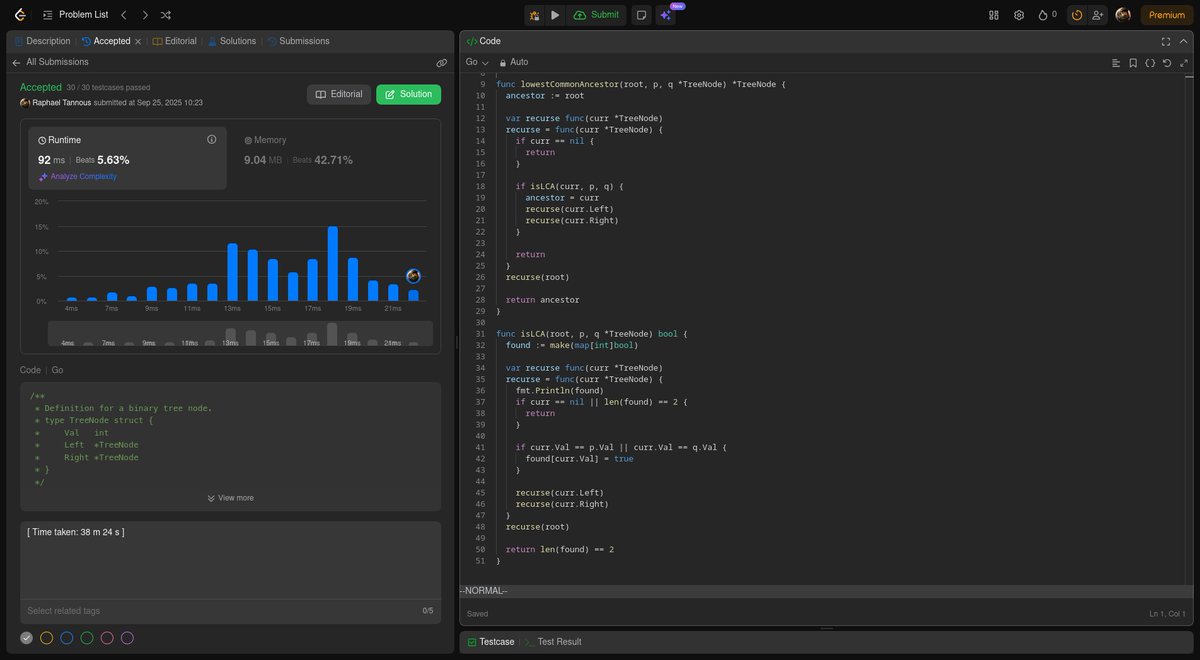 raphael_tannous's tweet image. Today, I solved recursively the challenge 235. Lowest Common Ancestor of a Binary Search Tree on LeetCode, using Go! However I did not solve it efficiently 🙂 I am gonna think of a way to solve it more efficiently.
Happy LeetCoding!
#100DaysOfLeetCode – #Day25 Done!