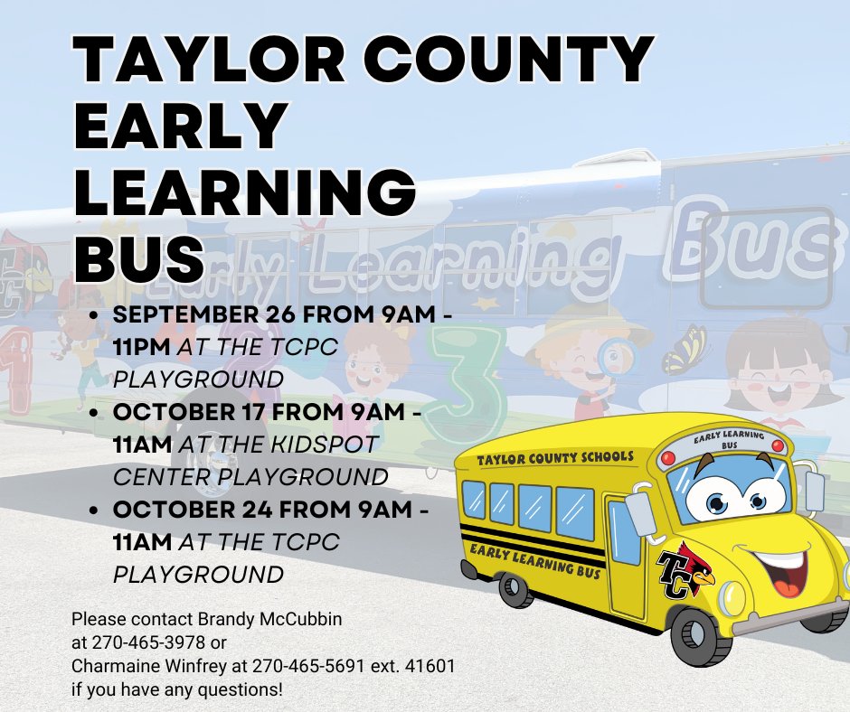 TC_Schools_KY's tweet image. The Early Learning Bus will be set up tomorrow from 9AM to 11 AM at the TCPC playground! 

The goal of the TC Early Learning Bus is to bring hands-on learning experiences directly to children ages birth to five years old.

#tcpride #tccares #TCFRC #EarlyLearningBus