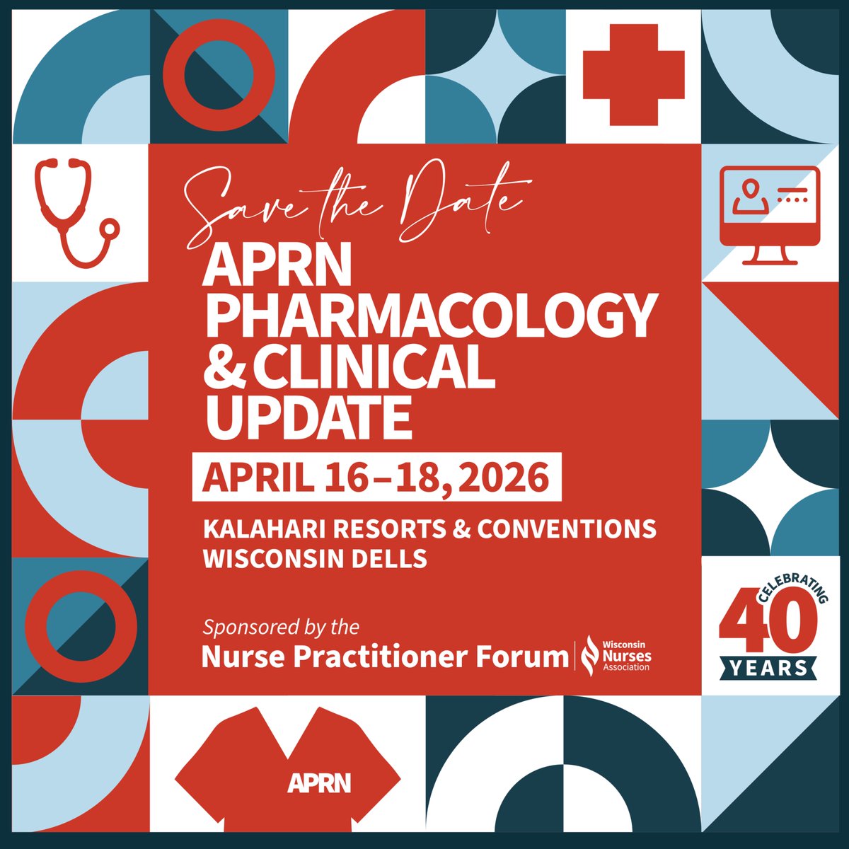 Save the Date!
The 2026 APRN Pharmacology &amp; Clinical Update will be held April 16–18, 2026 at Kalahari Resorts, WI Dells.
Details coming soon!