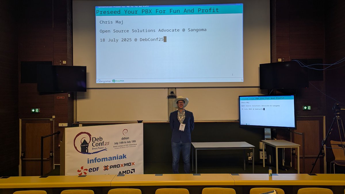 FreePBX's tweet image. The recording is now available for Chris Maj’s talk at DebConf25: “Preseed your PBX for Fun and Profit.”

Chris shared how Sangoma transitioned FreePBX to Debian after CentOS and how open-source PBX systems keep modern communications running 24/7.

hubs.ly/Q03L1_jD0