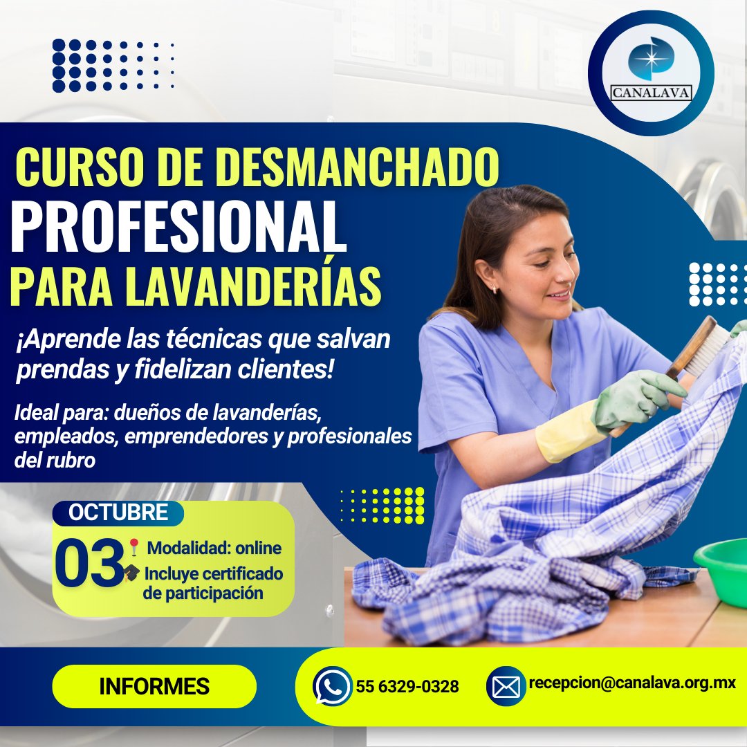 CANALAVA's tweet image. 🧼✨ CURSO PROFESIONAL DE DESMANCHADO PARA LAVANDERÍAS ✨🧺

¡Elimina las manchas difíciles y mejora la calidad de tu servicio!

¿Trabajas en una lavandería o tienes tu propio negocio?

Aprende las técnicas más efectivas para quitar manchas sin dañar las prendas.