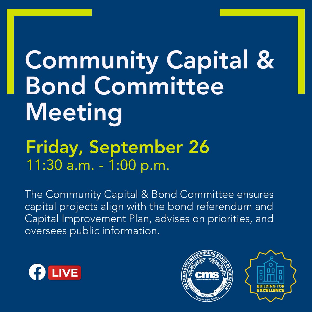 Our next Community Capital &amp; Bond Committee Meeting is scheduled for tomorrow at 11:30 a.m. You can watch it live on Facebook.