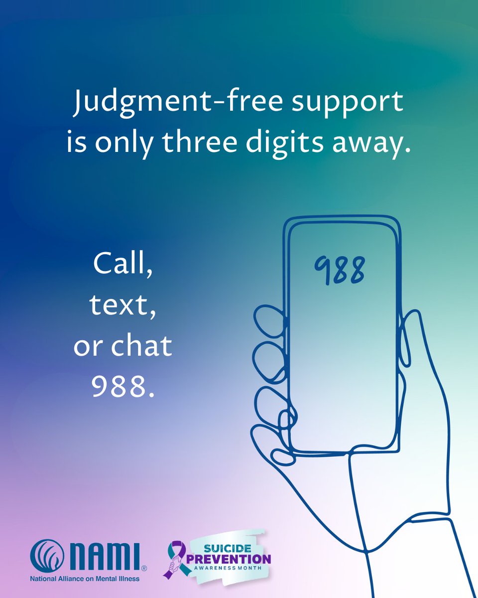 NormalizePtsd's tweet image. 📞 In a crisis? Call, text, or chat 988 to speak to a trained crisis counselor offering support 24/7/365.

#NormalizePSTD #PTSD #SuicidePreventionAwarenessMonth #SuicidePrevention #SuicidePreventionMonth
@NAMICommunicate