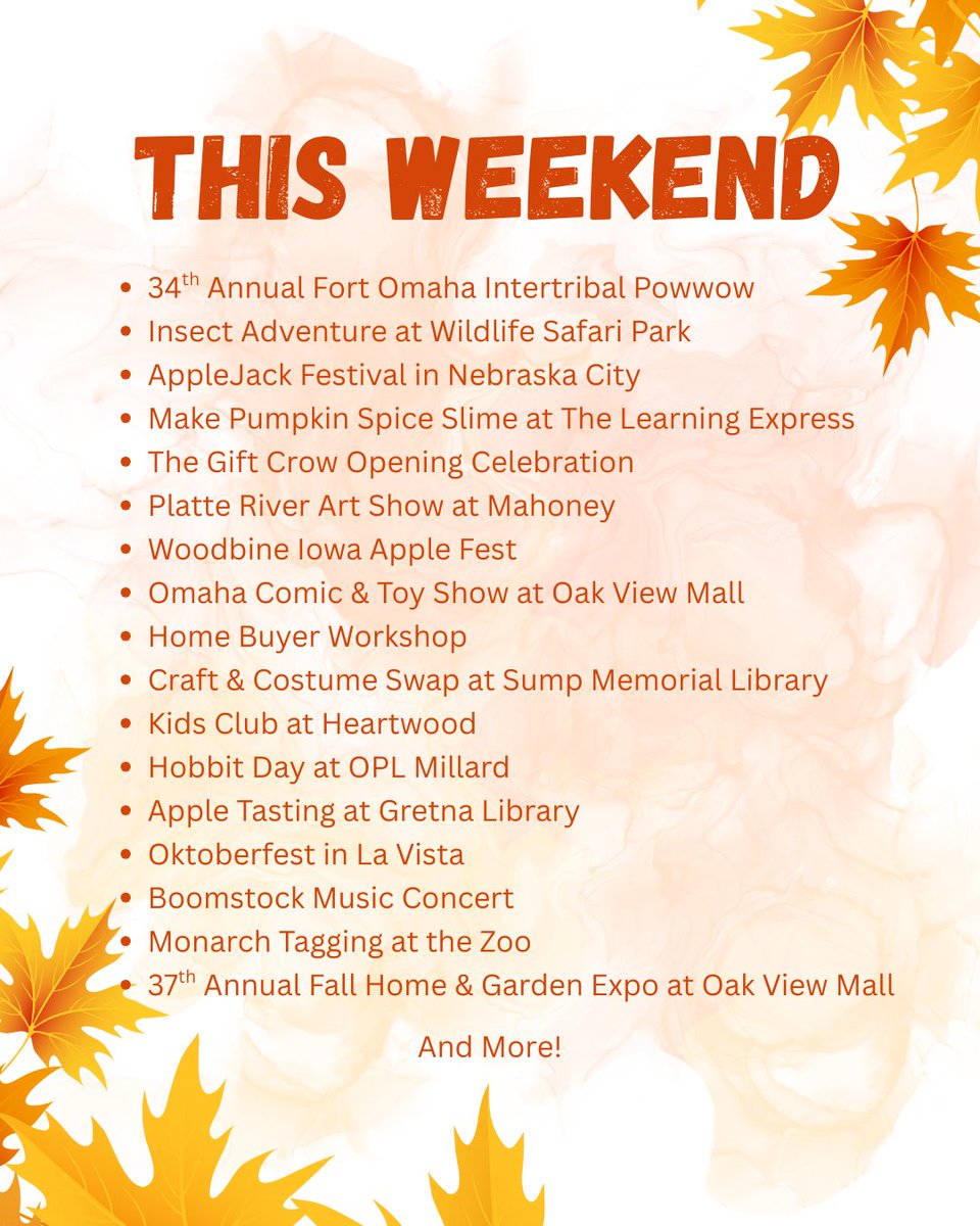 What are you doing this weekend? 🍂  Here are some fun fall events to get you started planning your weekend.  From the Intertribal Powwow, AppleJack Festival, Oktoberfest, or Boomstock.  Get out and enjoy the weekend!

Current Events: familyfuninomaha.com/events/