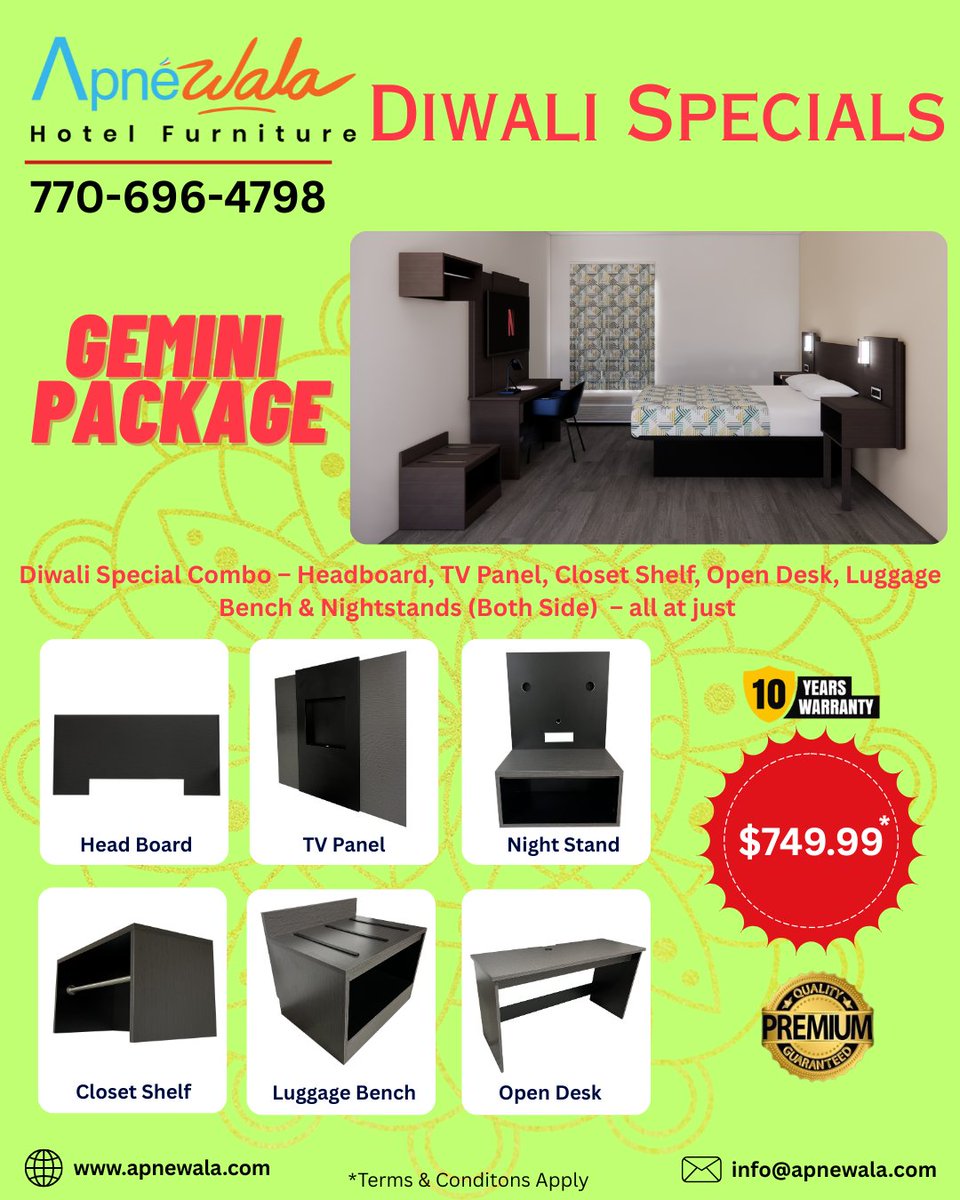 Apne_wala's tweet photo. ✨ This Diwali, light up your space with our GEMINI PACKAGE – Premium Hotel Furniture at just $749.99! 🛏️🎉
📞 Let’s connect: 770-696-4798
🌐 Visit: https://t.co/k7IhlQVfoW
#ApneWala #HospitalityDeals #smartchoices #g6 #hotelfurniture https://t.co/ZaPmRt8DLW